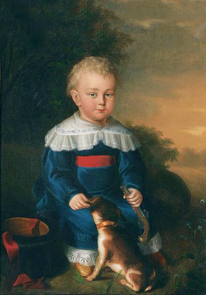 David Luders Portrait of a young boy with toy gun and dog